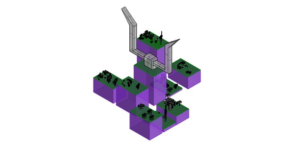 A 3D rendered model of a modular futuristic building with geometric shapes and green spaces.