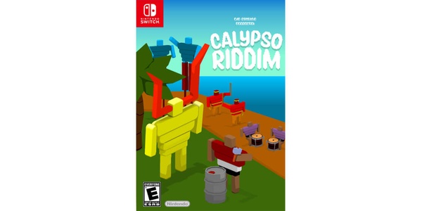 A promotional image for a Nintendo Switch game titled 'Calypso Riddim', featuring a vibrant, stylized illustration of a beach scene with drums, palm trees, and chairs.