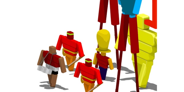 Illustration of small stylized people carrying school backpacks walking towards or accompanying a larger character.