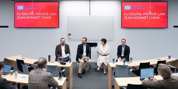 A panel discussion on EU digital private law featuring several speakers.