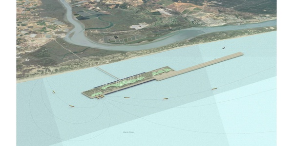 Aerial view of a long pier extending into a large body of water, with several boats nearby and a developed shoreline in the background.