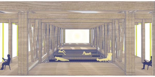 Architectural drawing of a modern indoor space with people engaging in various activities, featuring a central corridor flanked by wooden columns and bright window sections.