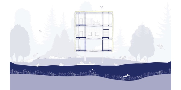 Architectural blueprint of a building superimposed on a serene, monochromatic landscape with trees and a misty background.