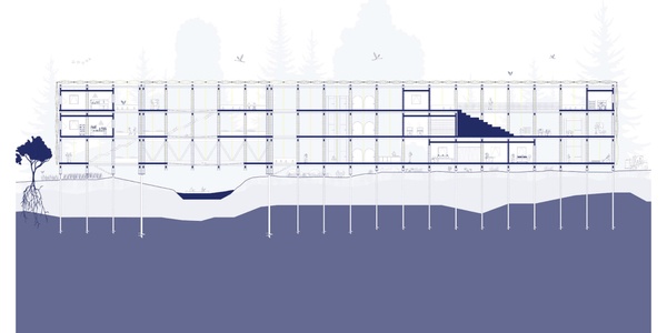 Architectural blueprint of a long building section with depth illustrations and surrounding vegetation in a monochrome style.