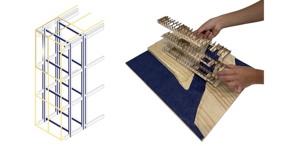 A conceptual rendering of a steel structure beside a hand assembling a wooden model of the same structure.