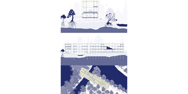 A stylized architectural blueprint showing multiple layers and views of a planned building and surrounding landscape.