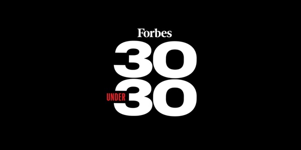 The image displays the 'Forbes 30 Under 30' logo with white text on a black background.
