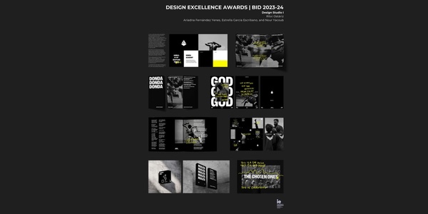 A digital collage showcasing a series of design projects for the Design Excellence Awards 2023-24, featuring various typography styles and monochromatic visual layouts.