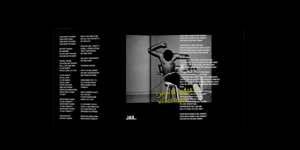 A black and white photo of a man sitting on a chair, facing away, framed by text on either side and the word 'JAIL' at the bottom.