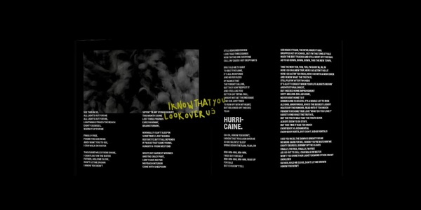 A dark, artistic image featuring text blocks and abstract elements, centered around the phrases 'I KNOW THAT YOU LOOK OVER' and 'HURRY! CANINE.'