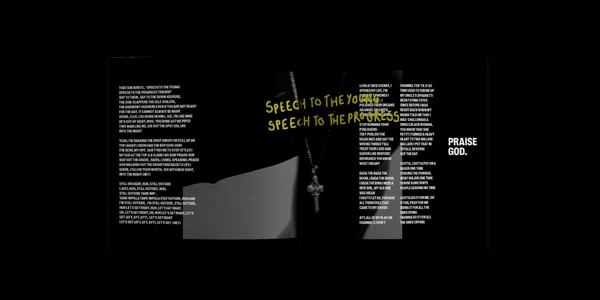 A black and white image with various text blocks and a note that reads 'SPEECH TO THE YOUNG, SPEECH TO THE PROGRESS TOWARD.'
