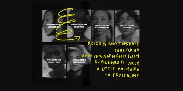 An open book featuring various portraits of individuals with overlaying text discussing personal traits and professional titles, with a centerpiece text promoting self-recognition and growth.