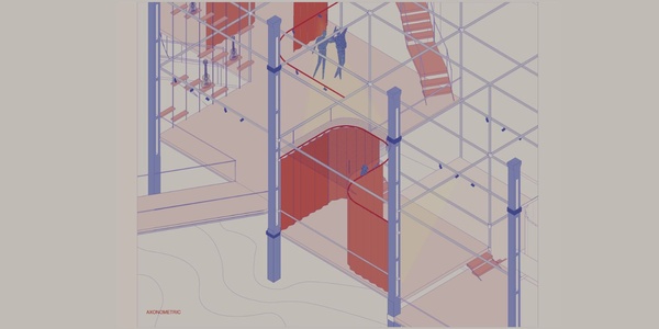 An abstract architectural design featuring structures and figures in a minimal color palette.