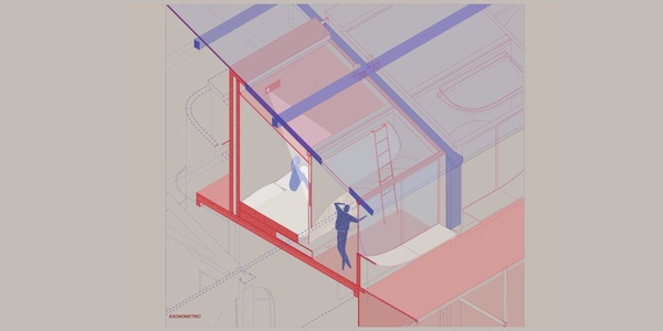 An abstract architectural illustration featuring a figure interacting with a structured space.