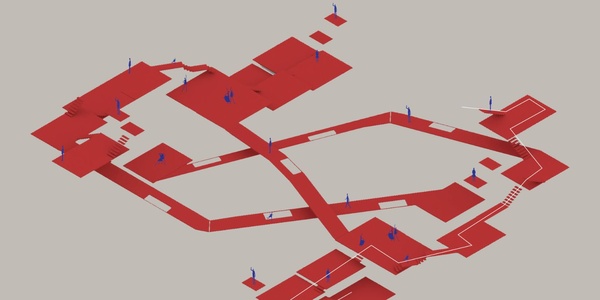 An abstract representation of a red architectural layout with blue markers.