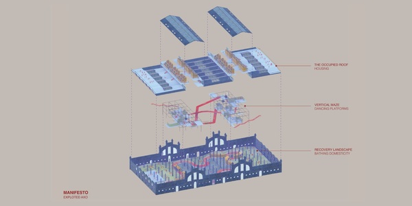An architectural diagram showcasing a building design with labeled sections.