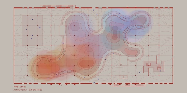 A colorful spatial layout illustration of a first level design with fluid curves and gradients.