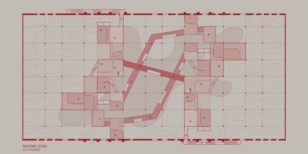 This is a floor plan layout of the second level depicting various interconnected spaces.