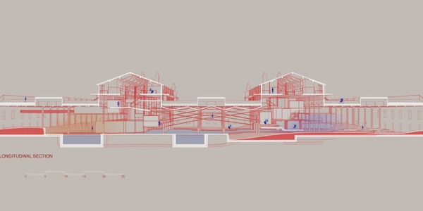 This image depicts a detailed architectural longitudinal section drawing with red lines indicating structural elements.
