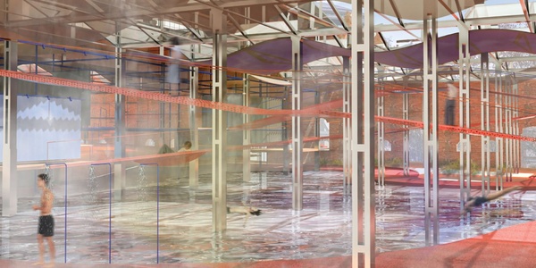 A spacious indoor swimming area featuring pools, vibrant colors, and steam.