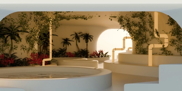 A serene indoor space featuring plants and modern architectural elements.