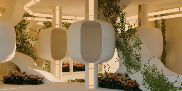 A modern interior space featuring curved white structures intertwined with greenery and floral arrangements.