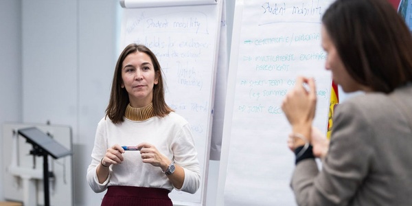 A woman is presenting in front of a whiteboard during a workshop.