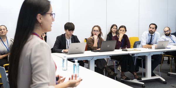 A woman is presenting to a group of attentive professionals in a corporate meeting room.