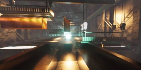 A dimly lit industrial interior showcasing machinery and beams of light.
