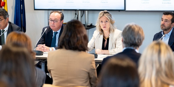 A group of professionals sitting at a conference table during a meeting.