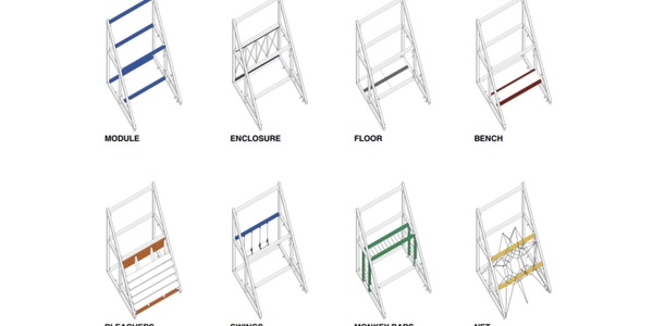 A collection of various playground equipment designs including modules, enclosures, and monkey bars.