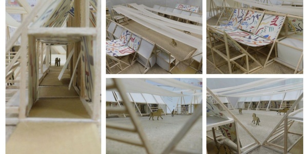 The image showcases a model structure with colorful paintings and figures positioned inside and outside.