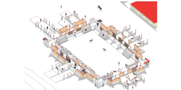 A detailed architectural layout of a horse riding arena with surrounding facilities.