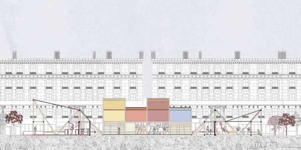 A conceptual architectural section showing a colorful playground integrated into a residential environment.