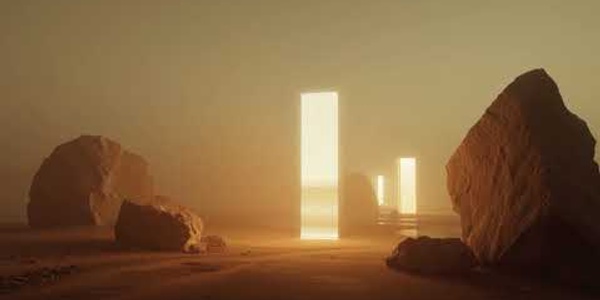 A surreal landscape featuring glowing rectangular portals amidst large rocks.