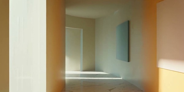 A sunlit corridor featuring minimalist design elements and soft colors.