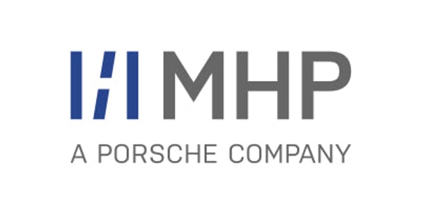 Logo of MHP, a Porsche company, featuring the letters 'MHP' in blue and gray next to the text 'A PORSCHE COMPANY'.