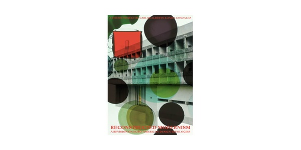 An abstract graphic design featuring a blend of geometric shapes and architectural elements with text overlay.