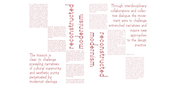 The image shows an artistic collage of various text blocks in different orientations, focusing on themes of modernism and deconstruction.