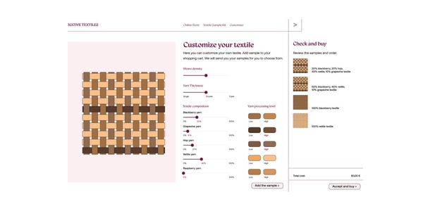 A website interface showing a customizable textile design with various color options and order placement functionalities.