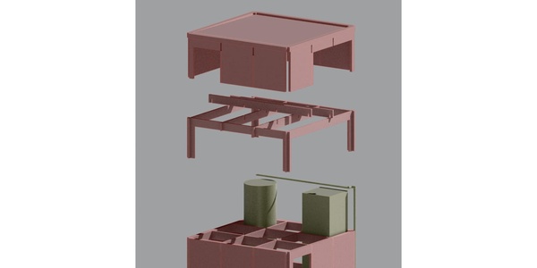 Exploded view of a modern, minimalistic pink desk with a unique design and a separate module featuring storage compartments.