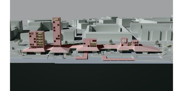 A 3D architectural model of a futuristic urban layout in shades of red and grey.