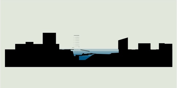 A minimalistic silhouette of a cityscape with subtle hints of blue representing water bodies.