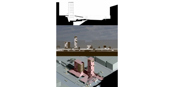 This image displays a digital architectural rendering of an urban development with the upper part showing a floor plan and the lower part a 3D model of buildings.