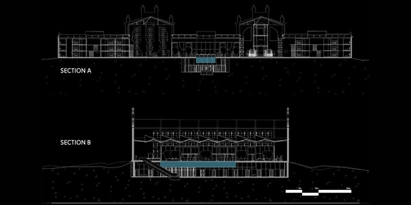 The image showcases architectural sections labeled A and B, depicting different perspectives of a building design.