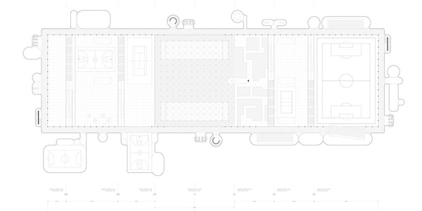 A top-down architectural layout of a sports facility featuring multiple fields and recreational areas.
