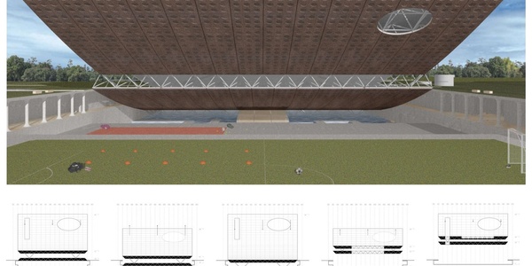 The image showcases a detailed architectural rendering of a multi-sport facility with a unique roof design.