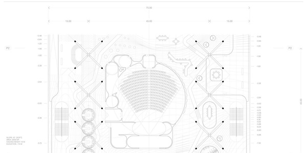 A blueprint design of an auditorium layout with various features and dimensions.