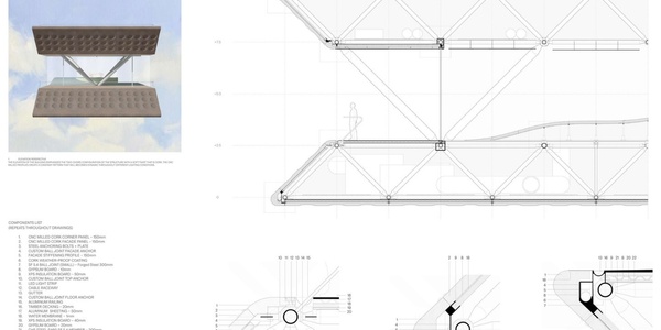 A technical design drawing showcasing a structural element with detailed measurements and annotations.