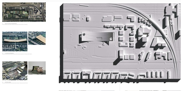 A detailed urban planning poster showcasing architectural layouts and various models.